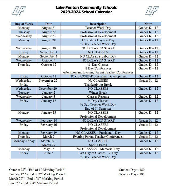 LFCS 20232024 School Calendar Lake Fenton High School