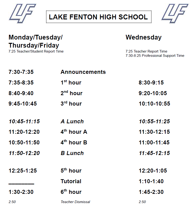 Daily Schedule Lake Fenton High School