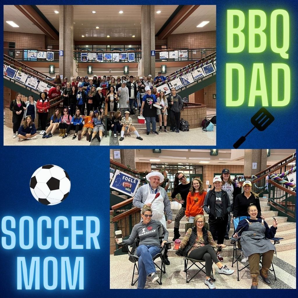Students and teachers dressed up as BBQ dads or Soccer moms