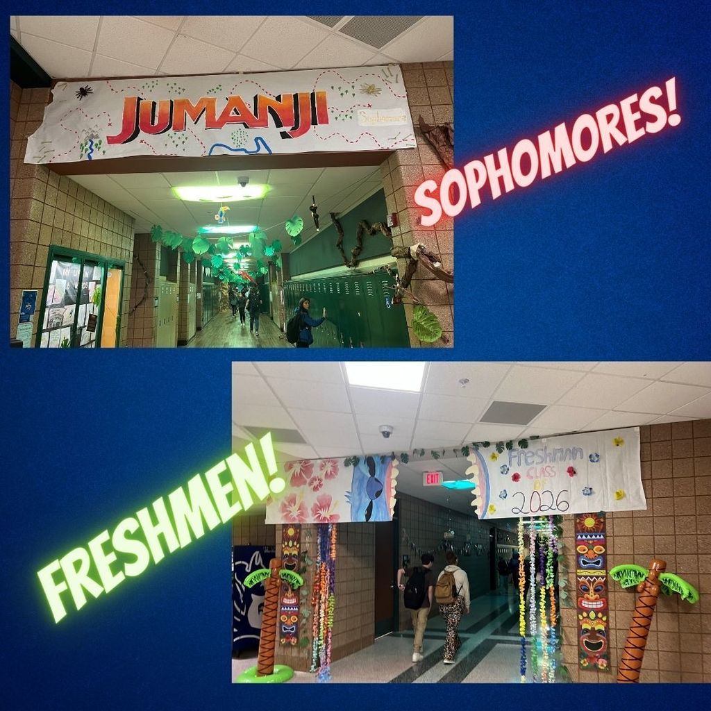 Sophomore hallway decorated like Jumanji and Freshman have a beach theme