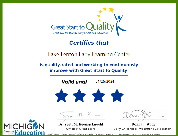 certificate of achievement from Great Start to Quality Michigan Department of Education