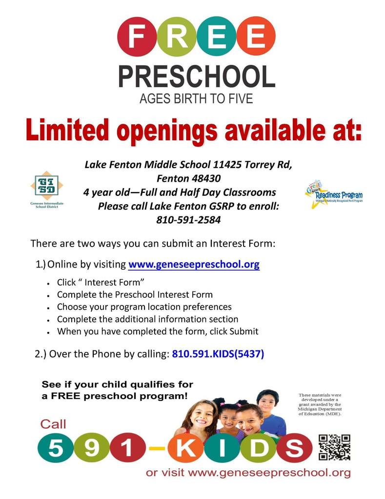 Flyer advertising preschool openings. Please call 810-591-5437 for more information