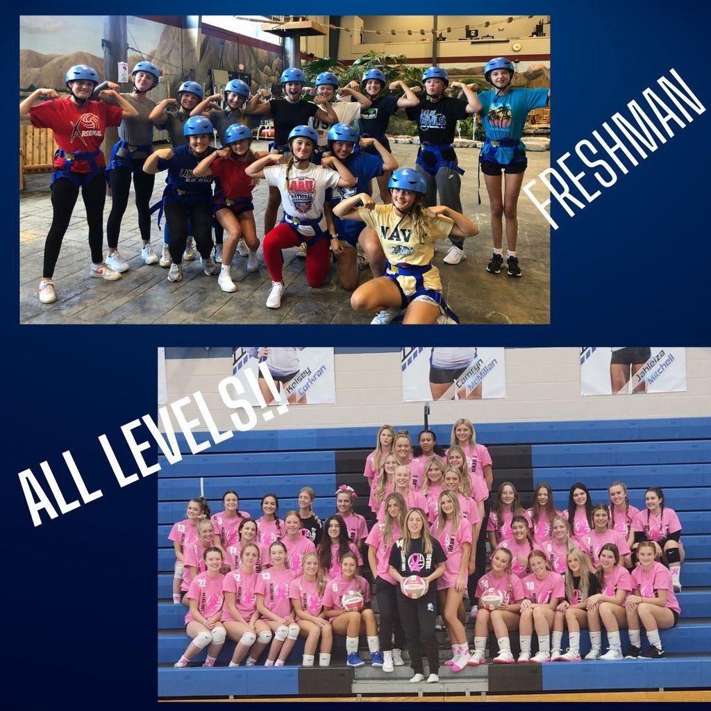 Freshman Volleyball team at team building activity with helmets on and a picture of all levels of LF volleyball with pink t-shirts for Breast Cancer Month