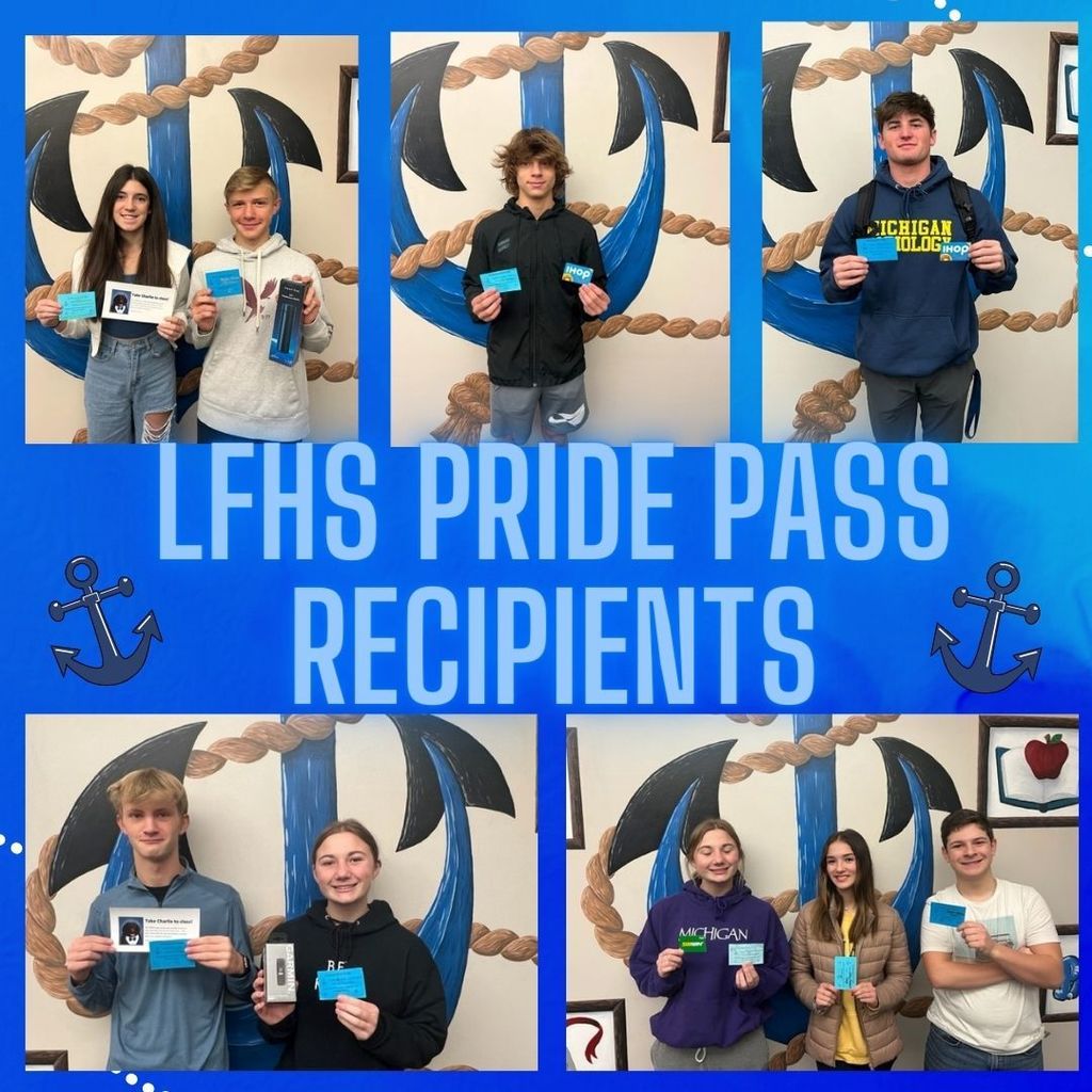 Lake Fenton Pride Pass Recipients-pictures of high school students in front of the anchor with their pass and prize (cups, gift cards, and hour with Charlie)