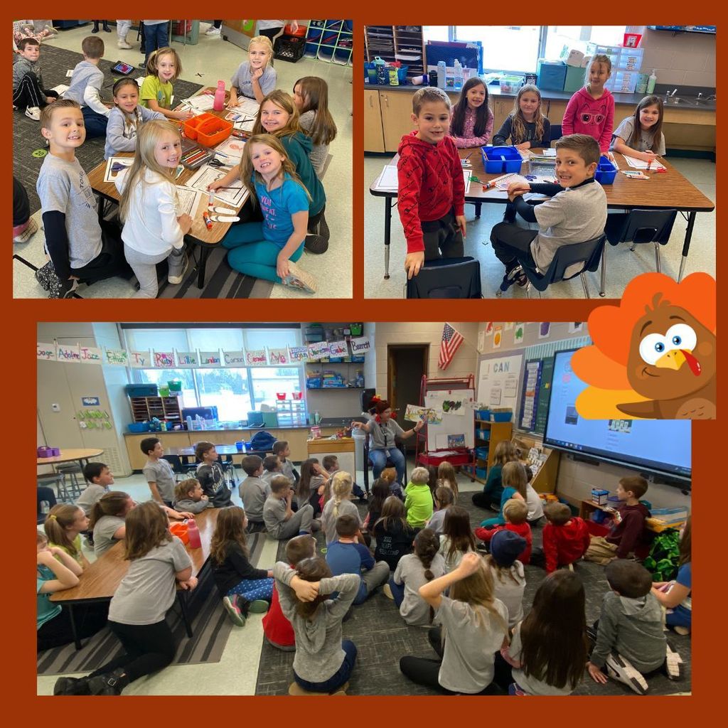 students listening to a read aloud and working with their buddies on turkeys