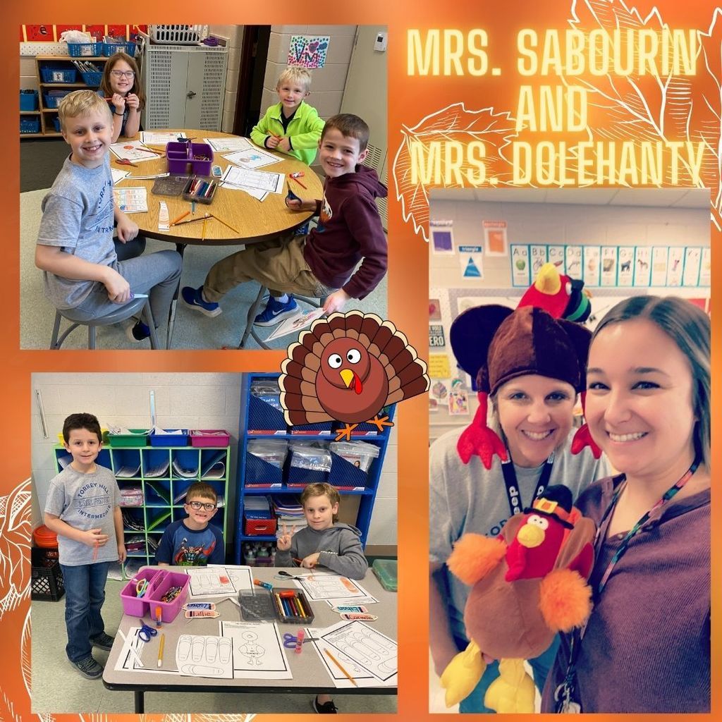 1st and third graders working with their buddies creating turkeys