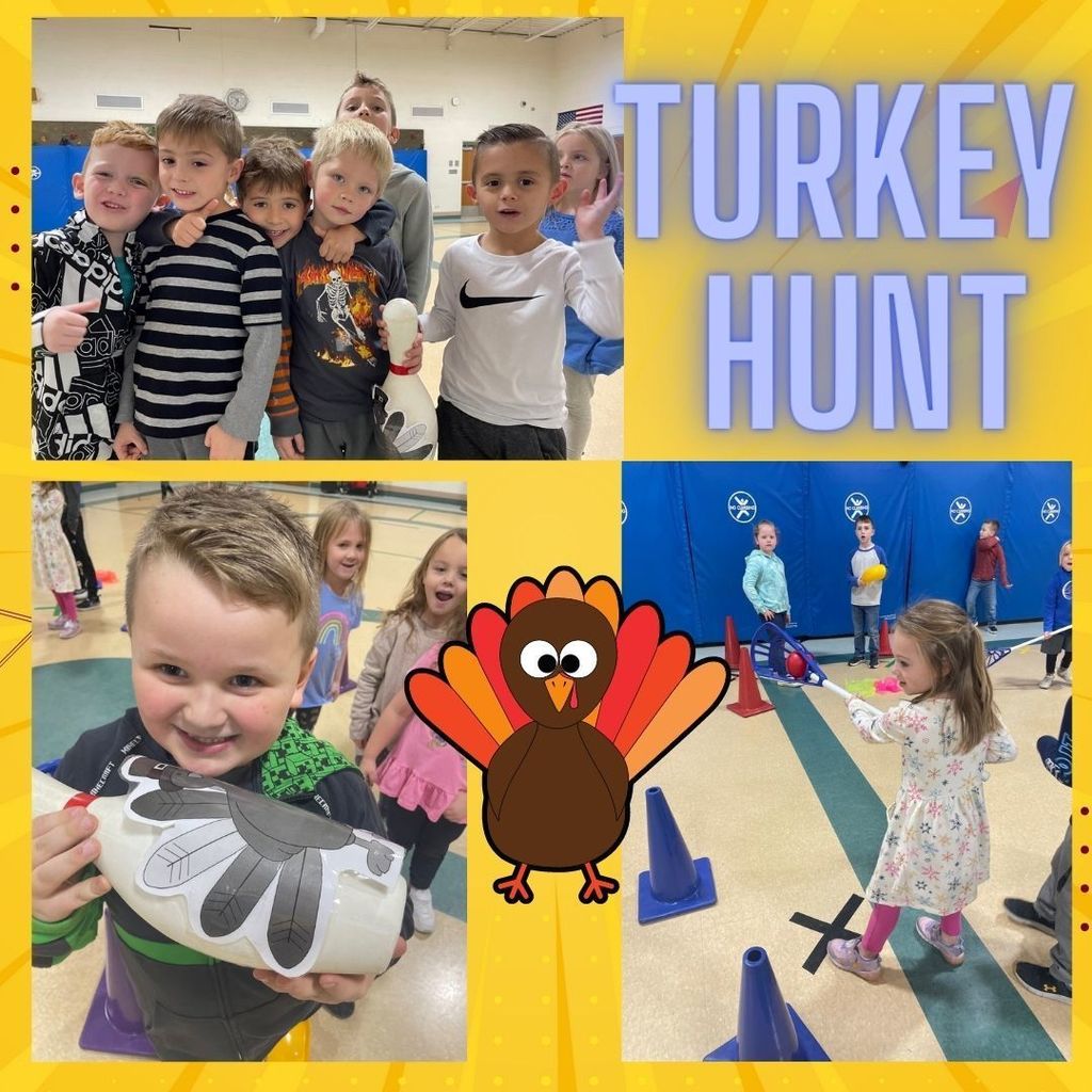 Elementary students posing for a picture in the gym and playing Turkey Hunt with scoops and lacrosse sticks