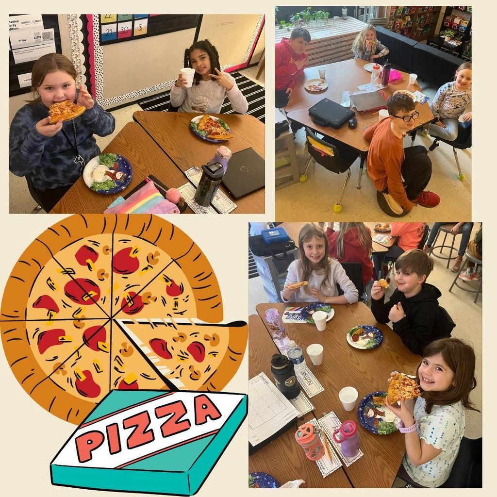 Students smiling and eating pizza in their classroom