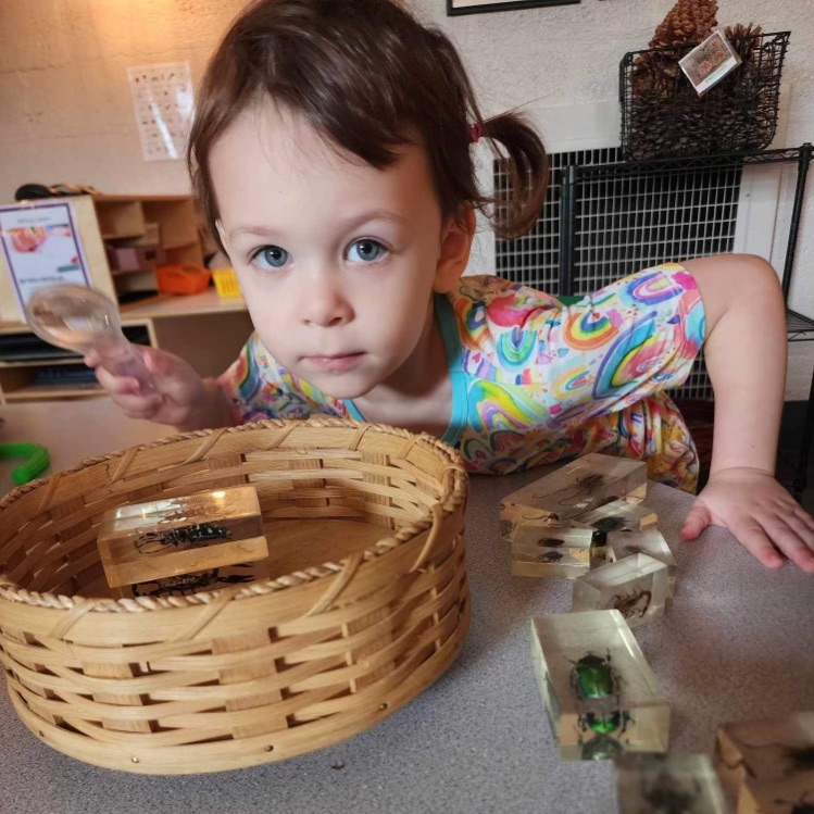 little girl holding magnifying glass
